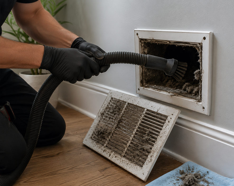 Cleaning hidden debris behind an HVAC air vent in Lewisville.