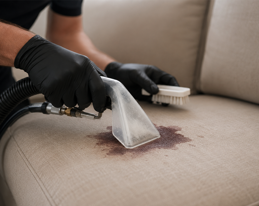 Technician treating stains on upholstered furniture in Lewisville.